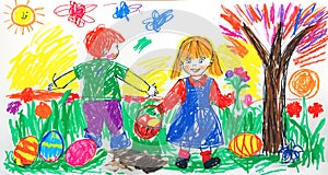 kids childish drawing of easter time children search for easter eggs