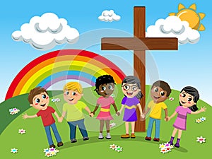 Kids or children hand in hand near christian cross meadow