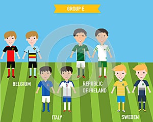 Kids children in home and away jersey uniform in France EURO 2016 championship infographic soccer GROUP E. Illustration. EPS 10.