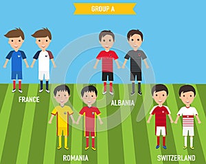 Kids children in home and away jersey uniform in France EURO 2016 championship infographic soccer GROUP A. Illustration. EPS 10.