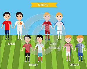 Kids children in home and away jersey uniform in France EURO 2016 championship infographic soccer GROUP A. Illustration. EPS 10.