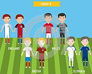 Kids children in home and away jersey uniform in France EURO 2016 championship infographic soccer GROUP A. Illustration. EPS 10.