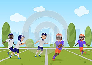 Kids children playing american football match. Vector illustration cartoon design.