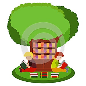 Kids Children reading book, tree landscape library of tree illustration