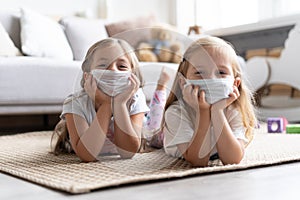 Kids children wearing mask for protect Covid-19. Stay at home quarantine for coronavirus pandemic prevention