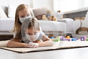 Kids children wearing mask for protect Covid-19. Stay at home quarantine for coronavirus pandemic prevention