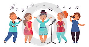 Kids choir. Cute singing kid, vocal art girl singer. Cartoon musical children concert, song show. Isolated music band