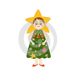 Kids Christmas costume vector isolated element. Little girl wearing Christmas tree costume for party