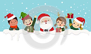 Kids in Christmas costumes and Santa Claus looking out from behind empty blank. Christmas card