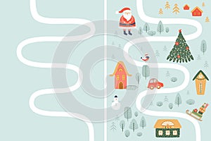 Kids Christmas map creator. Winter adventure map, forest, Santa, houses, snowman. Christmas travel. Vector kids map.