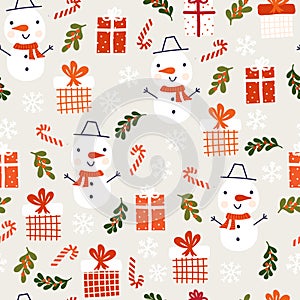 Kids Christmas Snowman gift box seamless vector pattern. Cute winter holiday background snowmen, snowflakes, presents. Repeating