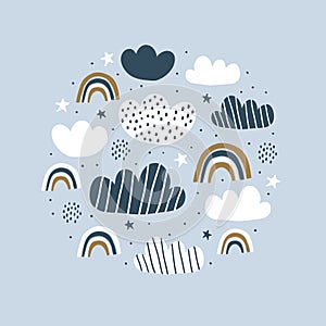 Kids circle illustration with clouds rainbow