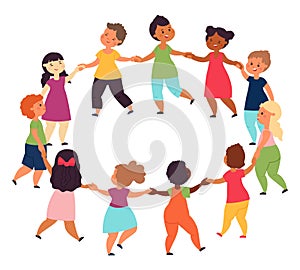 Kids in circle. Playing teens holding hands, children connection together. Communication little characters, friendship