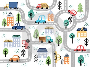 Kids city map with roads and cars for children nursery decor. Village or town street maze for carpet. Cartoon board game