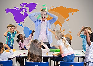 Kids in class shouting at teacher and messing in front of colorful world map