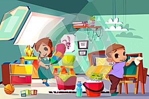 Kids cleaning in their room cartoon vector