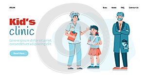 Kids clinic website with pediatrician, nurse and child flat vector illustration.