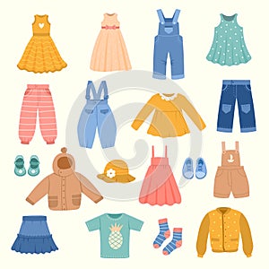 Kids clothes. Modern casual fashioned stylish textile pants jackets shirts sweater for children recent vector