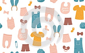Kids clothes pattern for boy or girl. Cute pink blue yellow baby doodle. Nursery background for baby shower, fabric or scrapbook