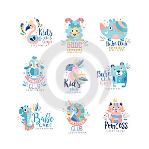 Kids club and babe toyshop logo design set, badges with cute animals and birds can be used for baby shop, education photo