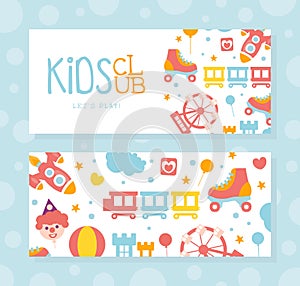 Kids Club Card Template, Childrens Land, Entertainment Club Promo Poster with Amusement Park Elements Seamless Pattern