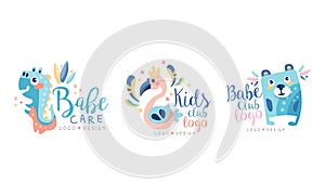 Kids Club Creative Logo Design Set, Babe Care Brand Identity Badges Cartoon Vector Illustration