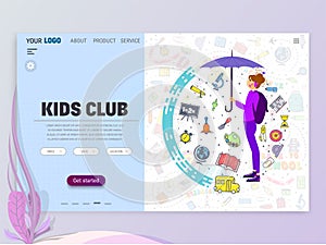 Kids Club home page template, flat style character