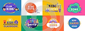 Kids club. Logo for children playing zone and education room club, funny banner concept for kids zone entertainment