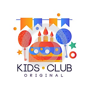 Kids club logo original, colorful creative label template, playground or entertainment club badge with party signs