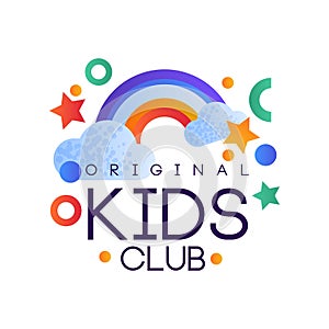 Kids club logo original, colorful creative label template, playground or entertainment club badge with rainbow vector