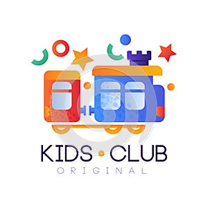 Kids club logo original, colorful creative label template, playground or entertainment club badge with toy train vector