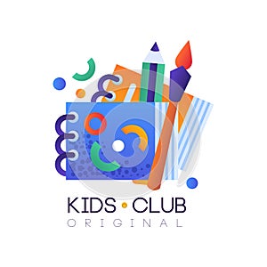 Kids club logo original, creative label template, science education curricular club badge vector Illustration on a white