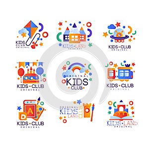 Kids club logo original set, colorful creative labels templates, playground or entertainment club badges vector