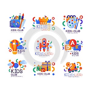 Kids club logo original set, creative labels templates, playground, entertainment, science education curricular club photo