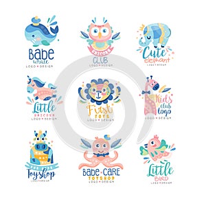 Kids club and toyshop logo design set, emblems with cute animals can be used for baby shop, education center, kids photo