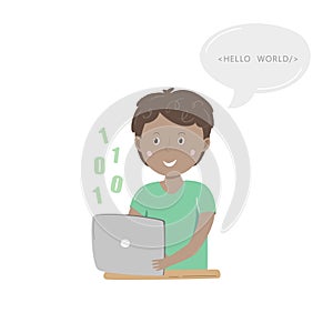 Kids coding. Happy boy sitting at his desk and learning coding with his tablet. Vector illustration.