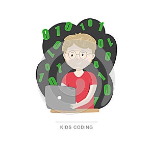 Kids coding. Small boy learning coding. Vector illustration.