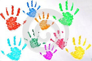 Kids colored hand print on white background