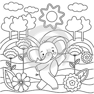Kids coloring book with cute elephant, trees and flowers. Simple shapes, contour for small children. Cartoon vector