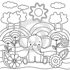 Kids coloring book with cute elephant, trees and flowers. Simple shapes, contour for small children. Cartoon vector