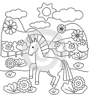 Kids coloring book with cute unicorn and flowers.