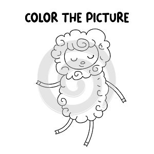 Kids coloring book page. Smiling sheep isolated on white background.