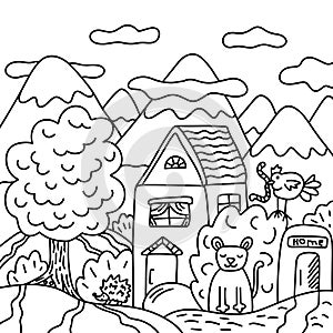 kids coloring page house and tree, animals in countryside