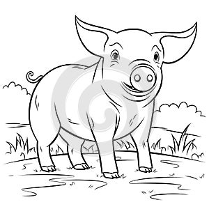 Kids coloring page of a pig in the farm that is blank and downloadable for them to complete