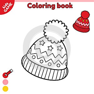 Kids coloring page winter hat with pom pom