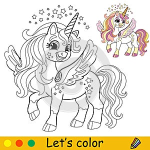 Kids coloring with pretty winged unicorn vector