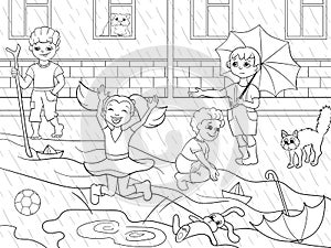 Kids coloring raster children playing in rainy weather