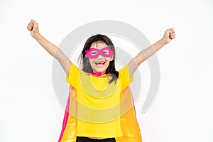 Kids concept, smiling girl playing super hero on white background