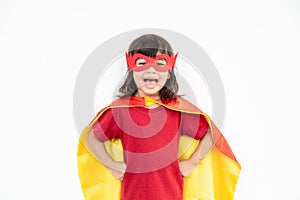 Kids concept, smiling girl playing super hero on white background