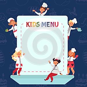 Kids cooking background. Little chef, children menu or certificate template. Restaurant flyer design, cute decent young